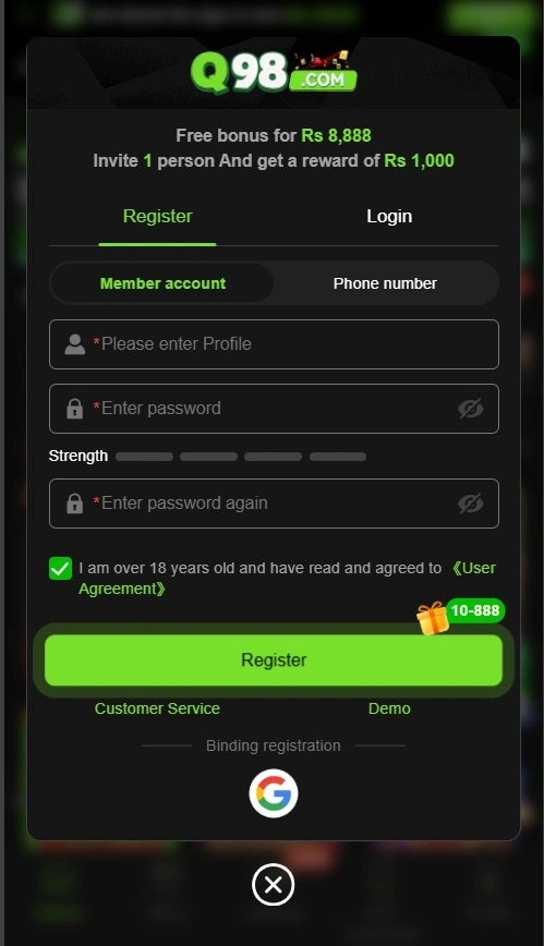 Q98 Game login