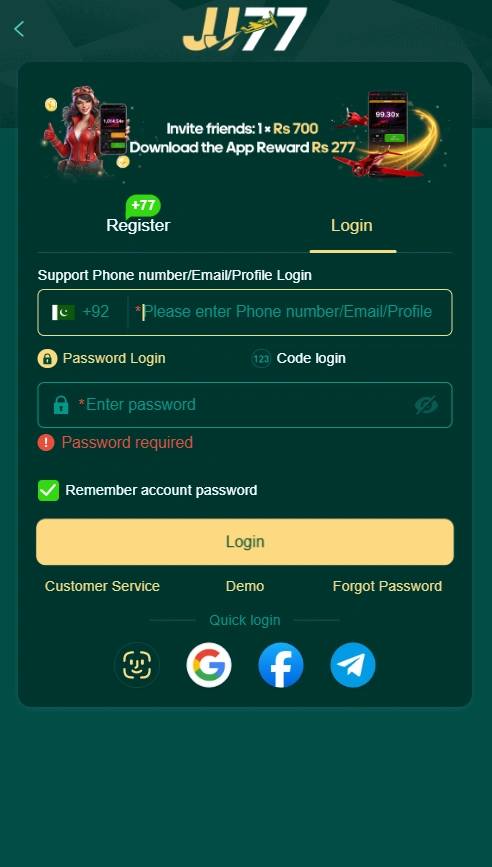 JJ77 Game login